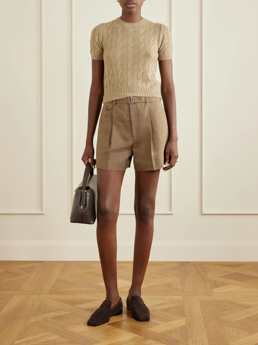 Image of a model wearing Shorts. Product name - Denise Belted Pleated Linen Shorts in Light brown colour by brand - Ralph Lauren Collection