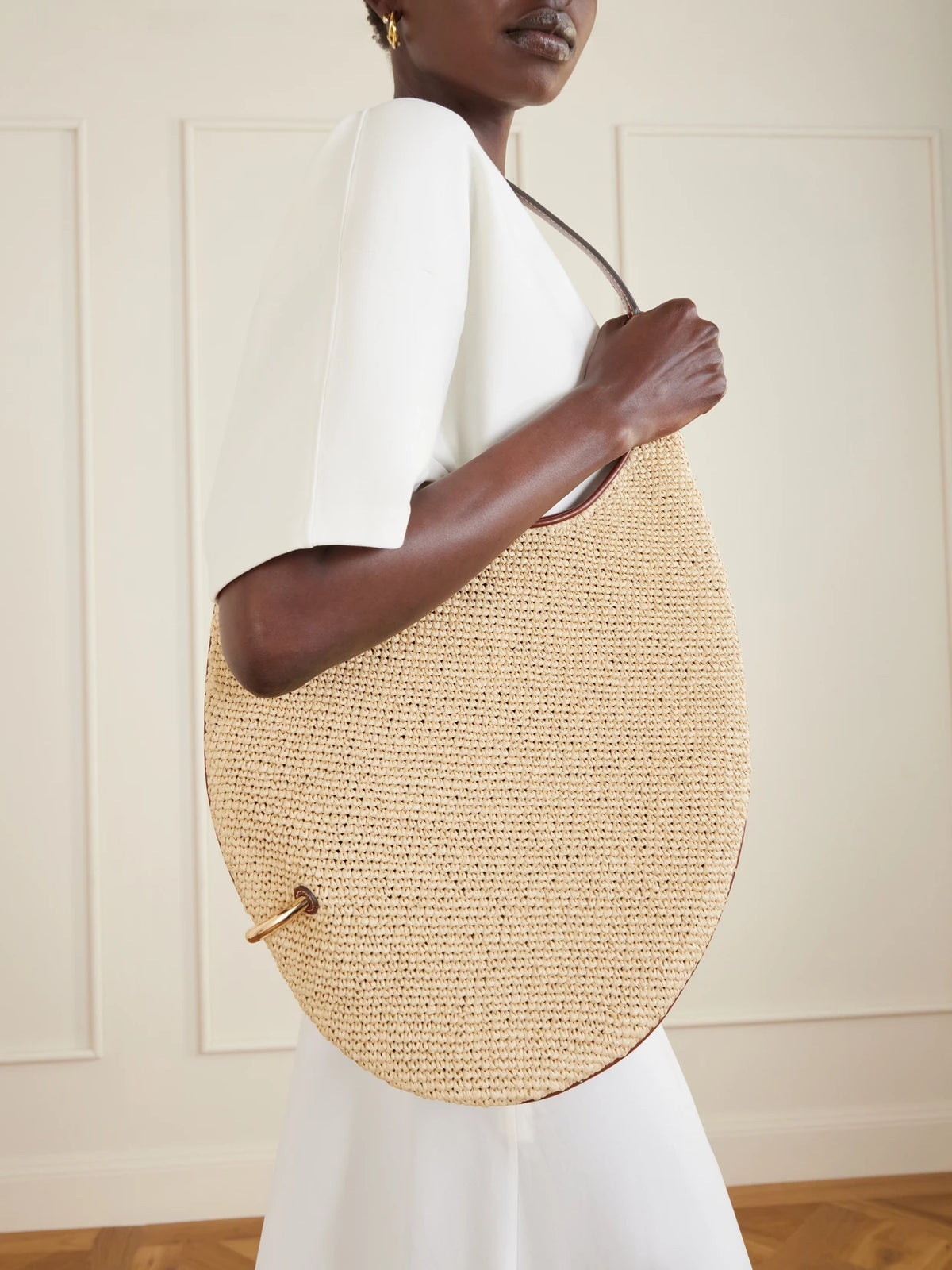 Pierced Embellished Leather-trimmed Raffia Shoulder Strap