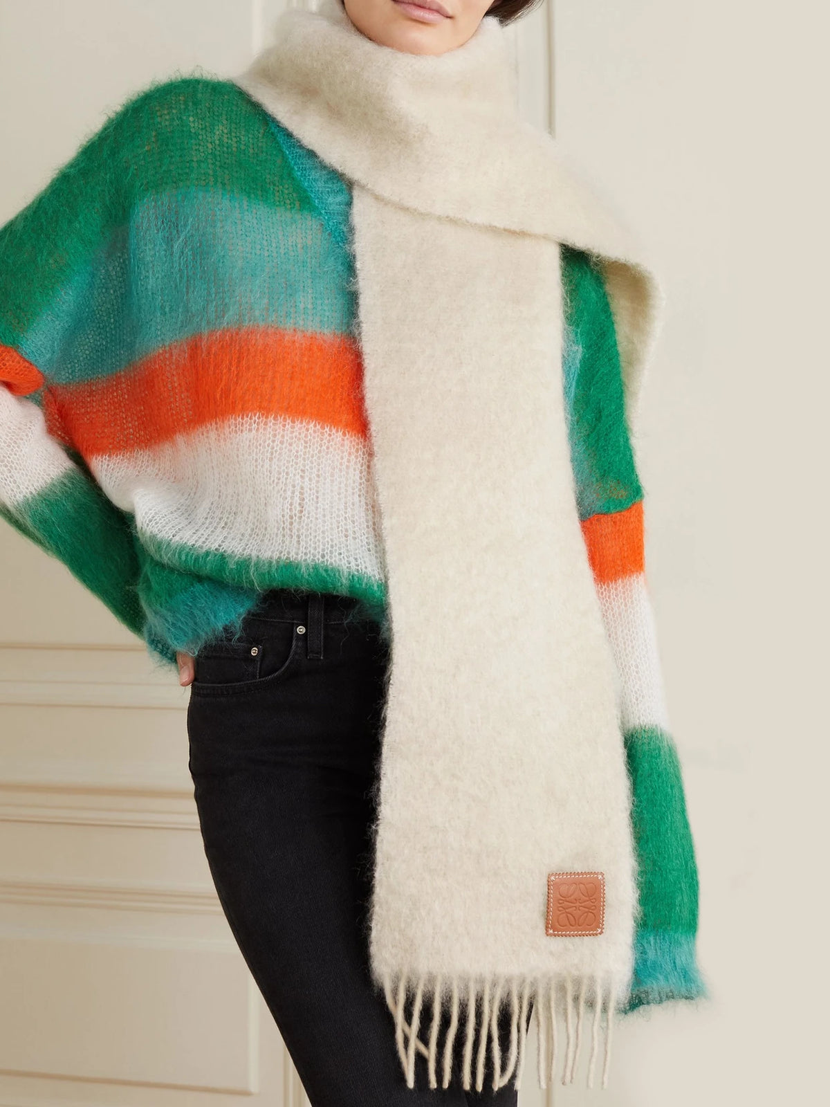 Image of Scarves & Shawls. Product name - Leather-trimmed Fringed Mohair-blend Scarf in Ecru colour by brand - LOEWE