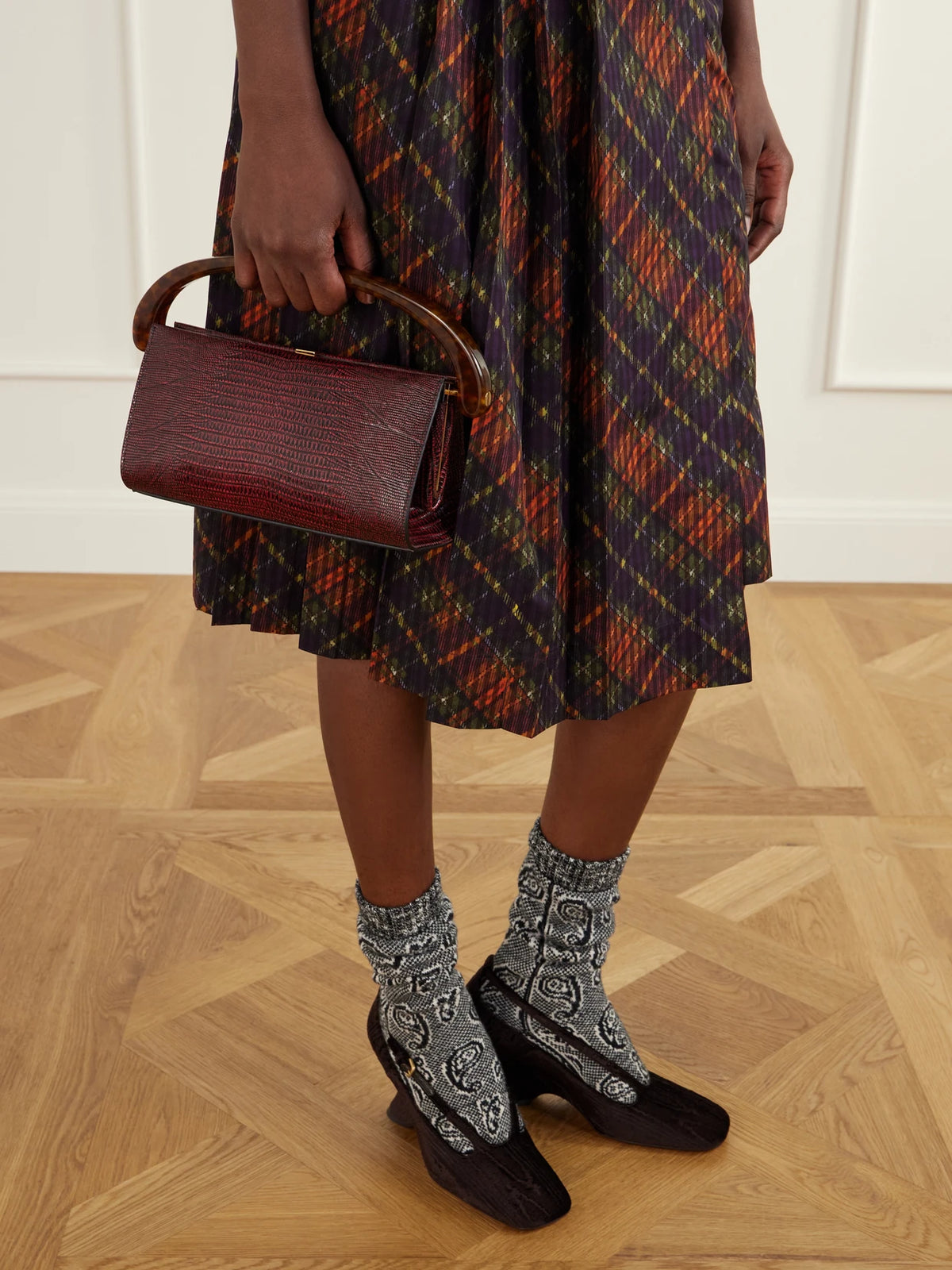 Image of Bags. Product name - Croc-effect Leather Tote in Burgundy colour by brand - Dries Van Noten