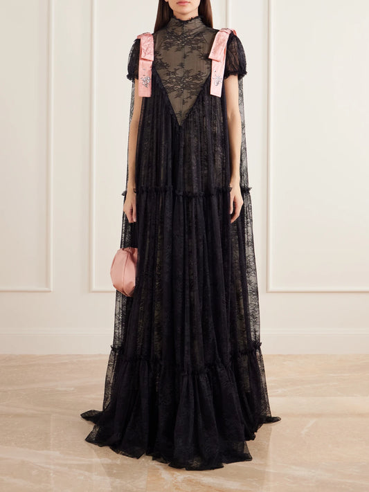 Image of Dresses. Product name - Bow-detailed Gathered Lace Gown in Black colour by brand - Erdem