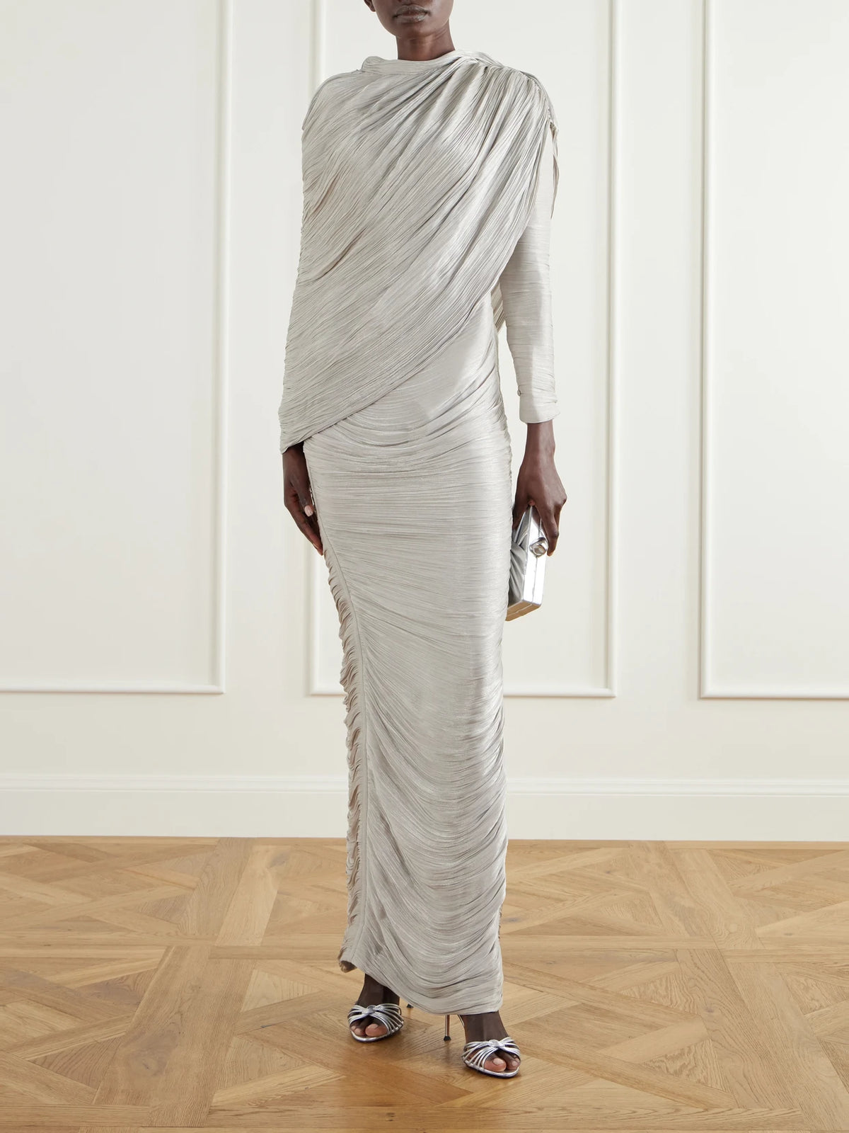 Image of Dresses. Product name - Cape-effect Plissé Crepe De Chine Gown in Silver colour by brand - Marmar Halim