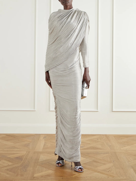 Image of Dresses. Product name - Cape-effect Plissé Crepe De Chine Gown in Silver colour by brand - Marmar Halim