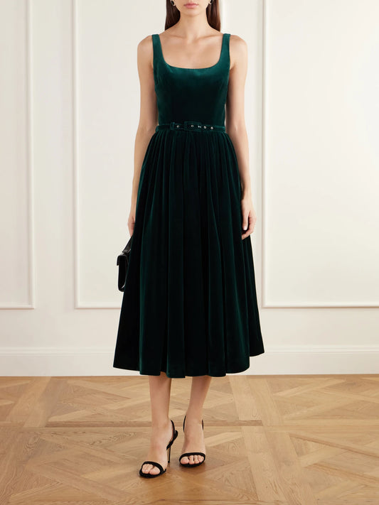 Image of Dresses. Product name - Eagle Belted Pleated Cotton-velvet Midi Dress in Dark green colour by brand - Emilia Wickstead