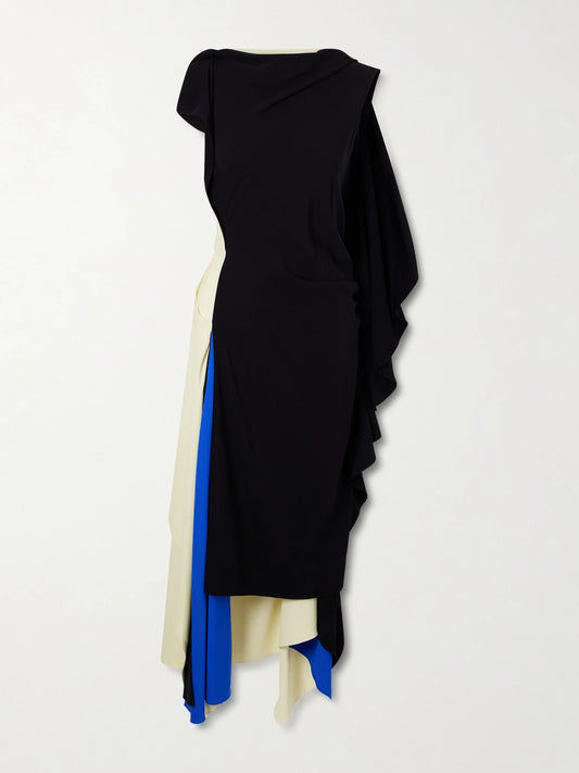 Image of Dresses. Product name - Asymmetric Draped Crepe-jersey Midi Dress in Black colour by brand - LOEWE