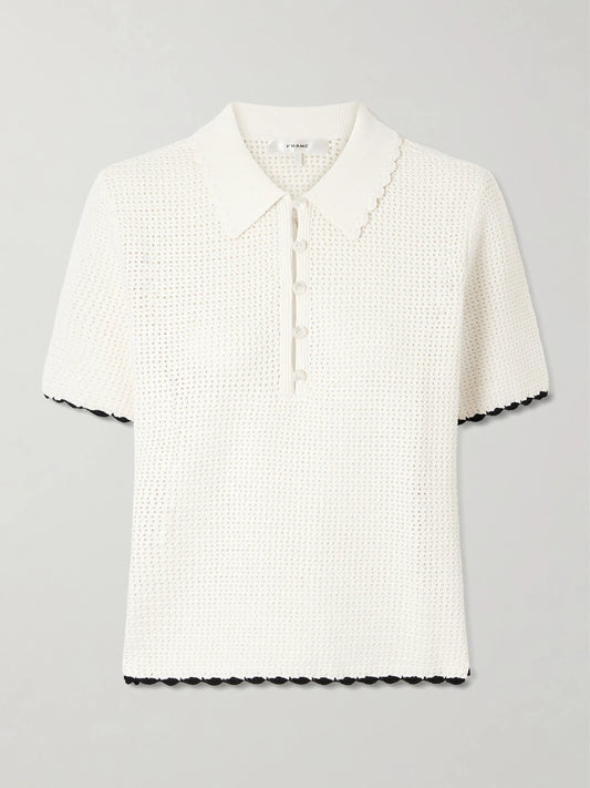 Image of a model wearing Tops. Product name - Daybreak Mesh Polo Shirt in White colour by brand - FRAME