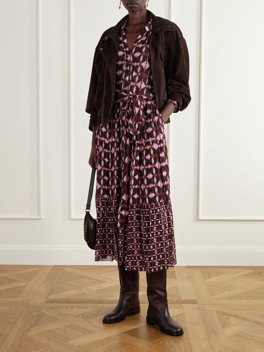 Image of Dresses. Product name - Barbara Belted Printed Crepe De Chine Midi Dress in Burgundy colour by brand - Cara Cara