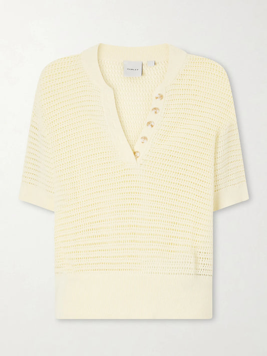 Image of a model wearing Tops. Product name - Callie Open-knit Cotton Top in Yellow colour by brand - Varley