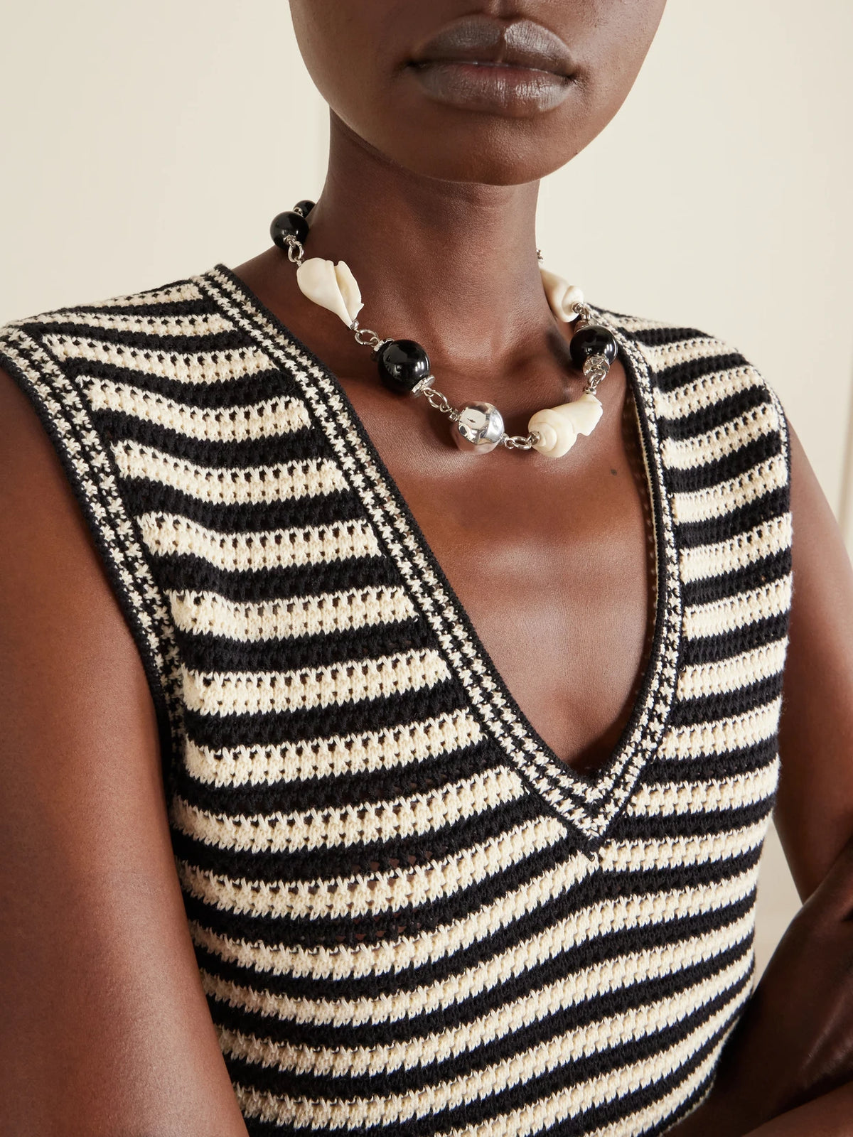 Image of Necklaces. Product name - Samsara Gold-plated, Seashell And Ceramic Necklace in Black colour by brand - Tohum