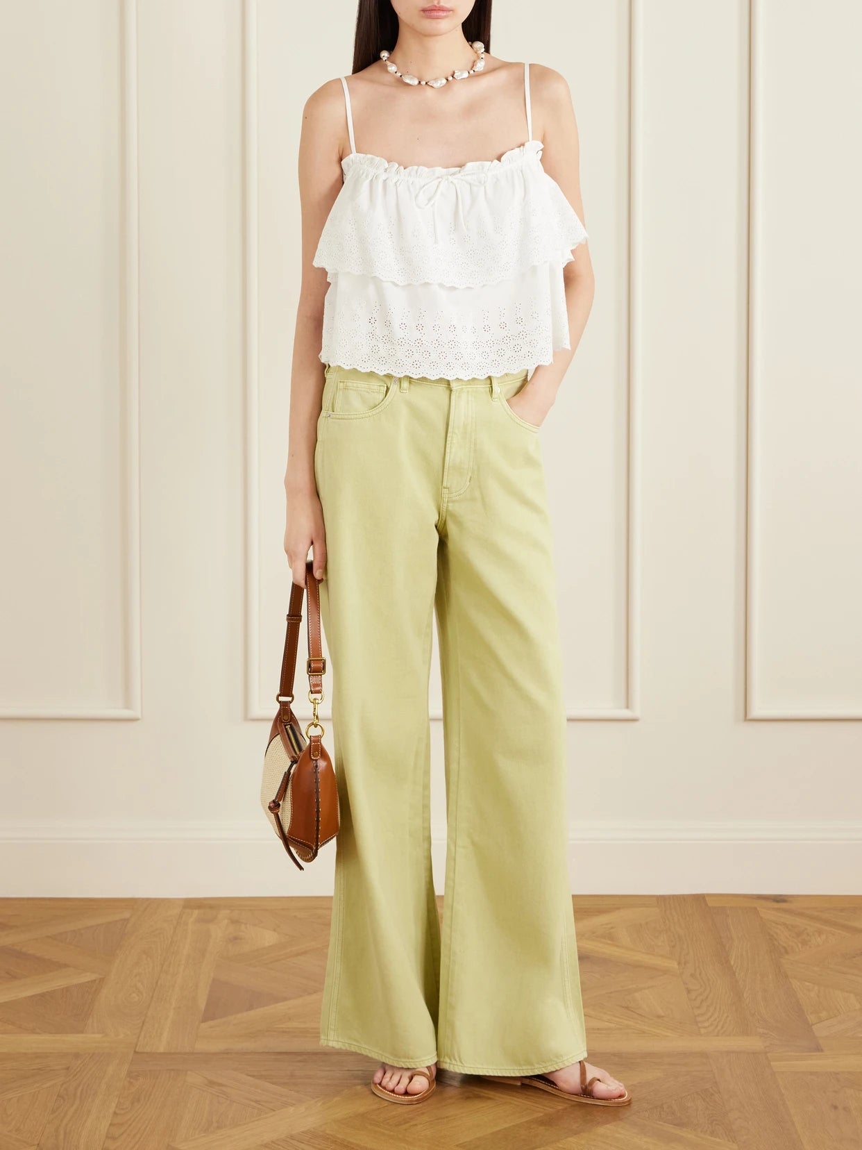 Image of Jeans. Product name - Kasey Mid-rise Wide-leg Jeans in Light green colour by brand - Veronica Beard
