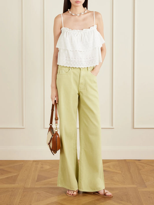 Image of Jeans. Product name - Kasey Mid-rise Wide-leg Jeans in Light green colour by brand - Veronica Beard