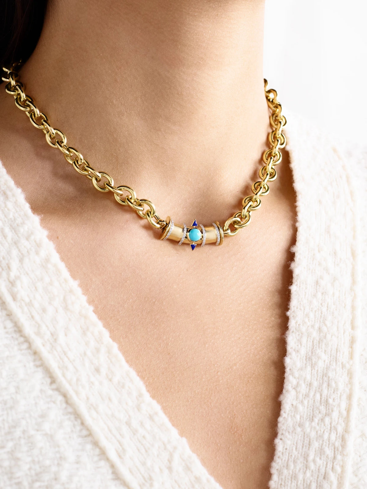 Image of Necklaces. Product name - Tuxedo Mask 18-karat Gold Multi-stone Necklace in Multi colour by brand - L'Atelier Nawbar