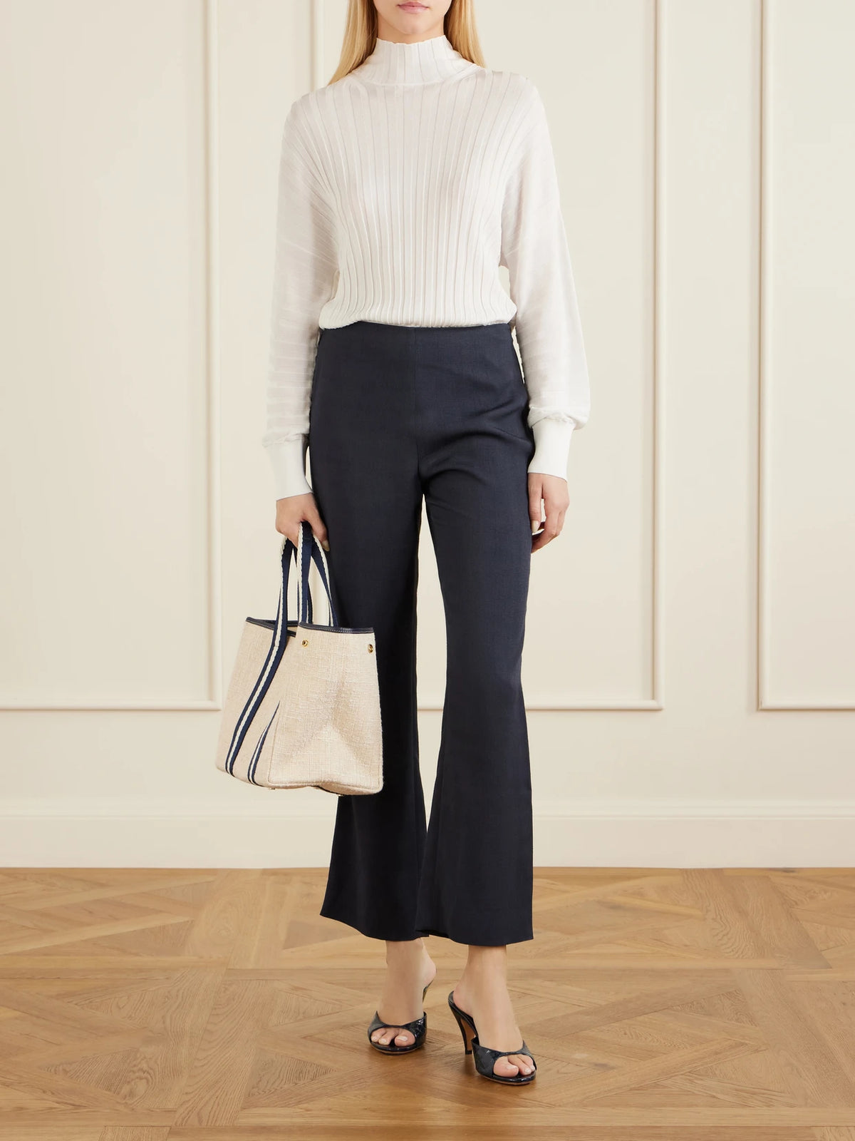 Image of Bags. Product name - Traversée Medium Leather And Webbing-trimmed Tweed Tote in Navy colour by brand - RUE de VERNEUIL