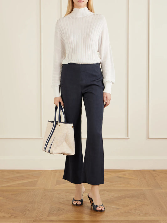 Image of Bags. Product name - Traversée Medium Leather And Webbing-trimmed Tweed Tote in Navy colour by brand - RUE de VERNEUIL