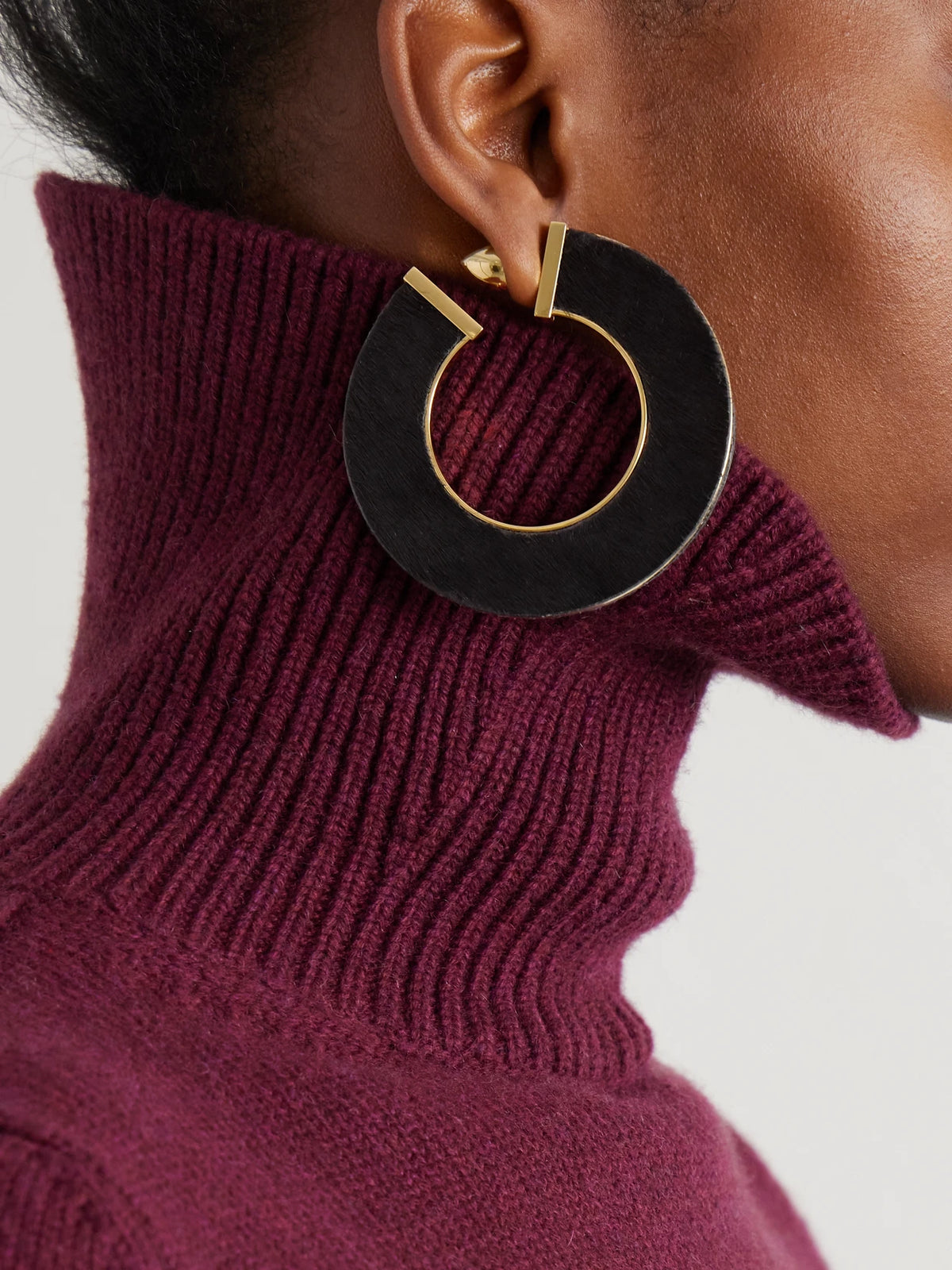 Image of Earrings. Product name - Gold-tone Calf Hair Hoop Earrings in Dark brown colour by brand - Alaïa