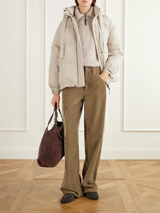 Image of Coats & Jackets. Product name - Hooded Quilted Padded Cashmere-trimmed Cotton-blend Shell Jacket in Beige colour by brand - Brunello Cucinelli