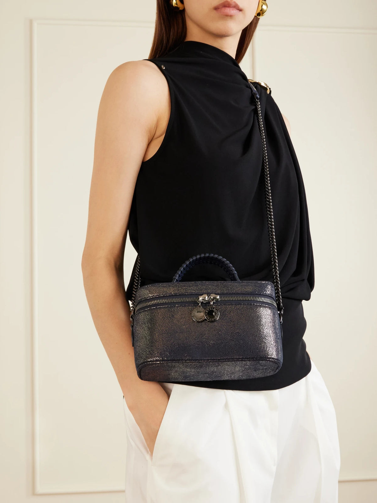 Image of Bags. Product name - Falabella Vanity Metallic Vegetarian Suede Shoulder Bag in Navy colour by brand - Stella McCartney
