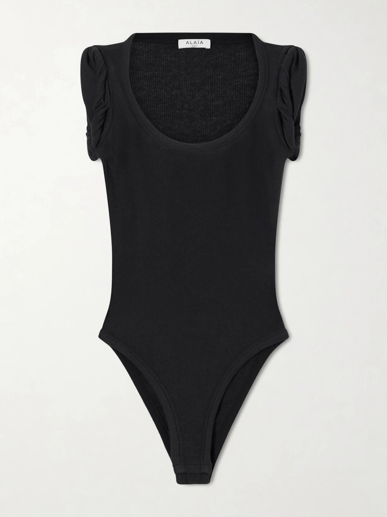 Image of a model wearing Tops. Product name - Ribbed Modal-blend Jersey Bodysuit in Black colour by brand - Alaïa