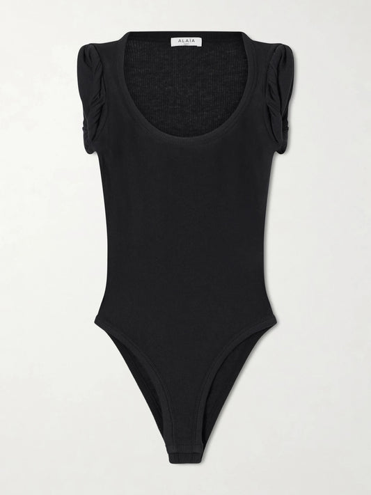 Image of a model wearing Tops. Product name - Ribbed Modal-blend Jersey Bodysuit in Black colour by brand - Alaïa
