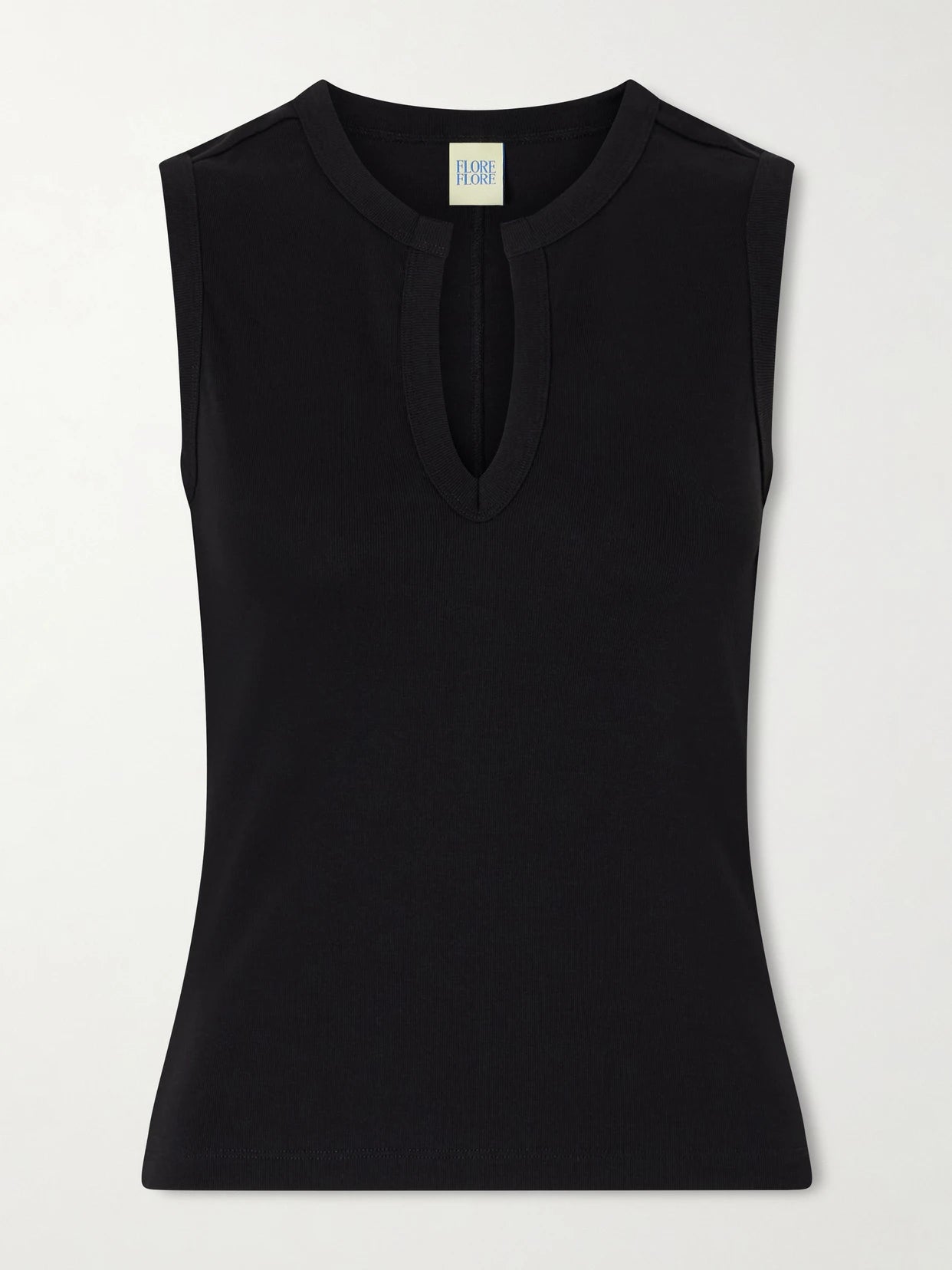 Image of a model wearing Tops. Product name - Iman Organic Cotton-jersey Tank in Black colour by brand - FLORE FLORE