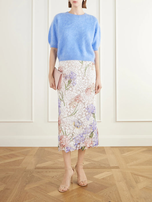Image of a model wearing Skirts. Product name - Floral-print Scalloped Guipure-lace Midi Skirt in White colour by brand - Oscar de la Renta