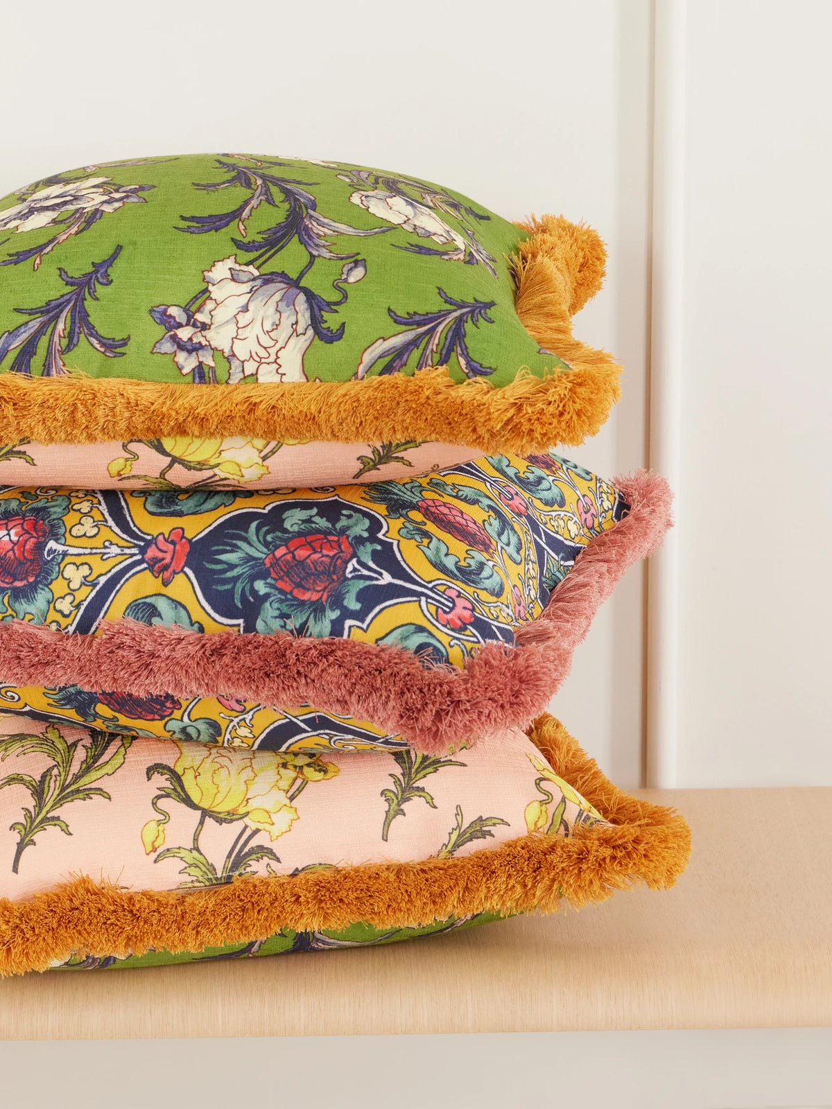 Image of Chair & Sofa Cushions. Product name - Floral-printed Fringed-trimmed Cushion in Green colour by brand - La DoubleJ