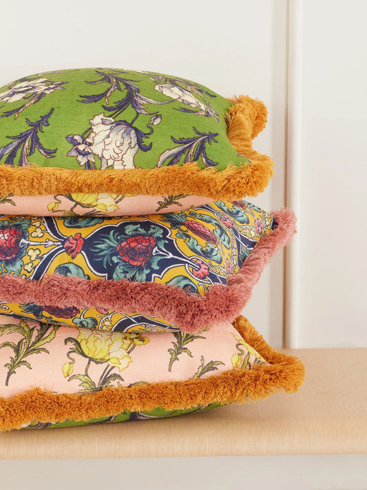 Image of Chair & Sofa Cushions. Product name - Floral-printed Fringed-trimmed Cushion in Green colour by brand - La DoubleJ