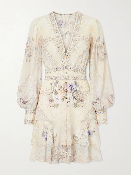 Image of Dresses. Product name - Printed Embellished Silk-chiffon Midi Dress in Cream colour by brand - Camilla