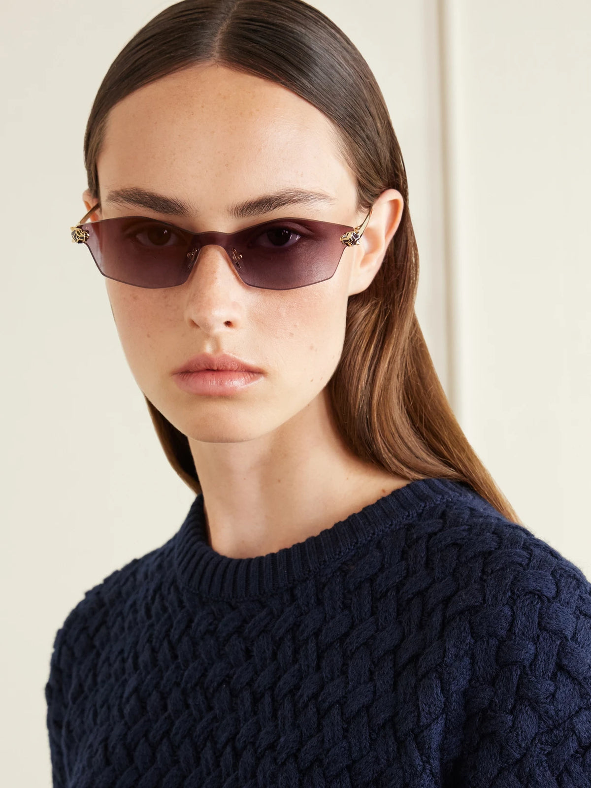Image of Sunglasses. Product name - Panthère De Cartier Rimless Gold-tone Metal Sunglasses in Violet, Gray colour by brand - Cartier Eyewear