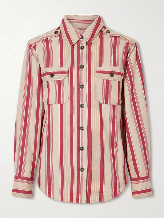 Image of a model wearing Tops. Product name - Gelva Striped Cotton Shirt in Red colour by brand - MARANT ÉTOILE