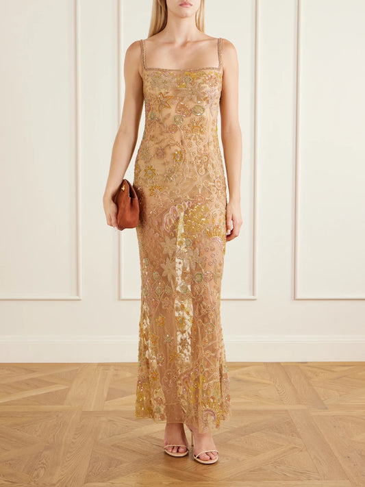 Image of Dresses. Product name - Soléa Embellished Tulle Gown in Yellow colour by brand - Clio Peppiatt