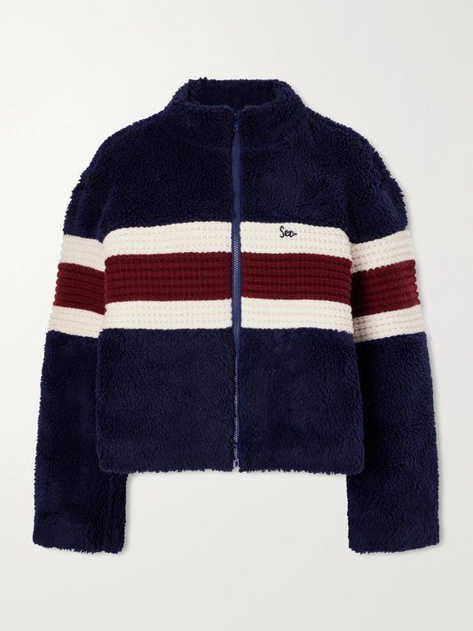 Image of Coats & Jackets. Product name - Georgie Striped Wool-trimmed Fleece Jacket in Navy colour by brand - Sea