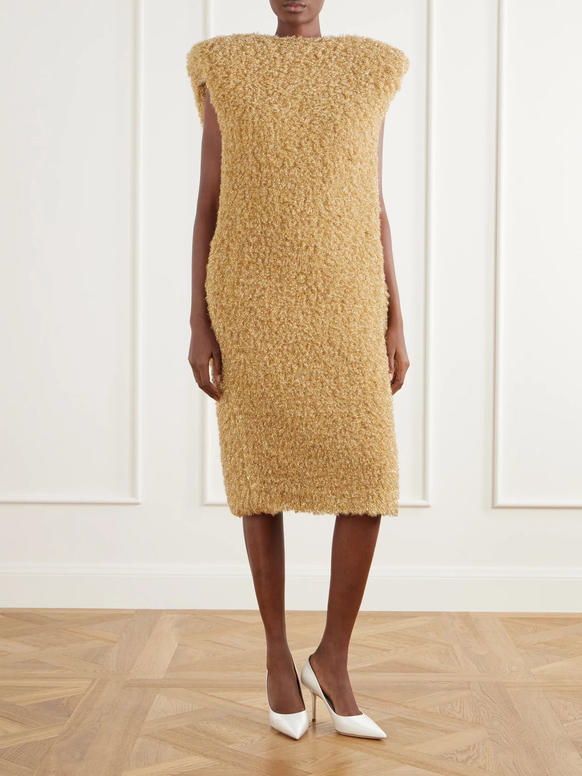 Image of Dresses. Product name - High-pile Bouclé Midi Dress in Gold colour by brand - Willy Chavarria