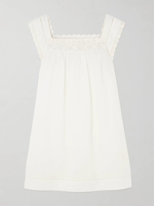 Image of Dresses. Product name - Almadia Crochet-trimmed Ramie Mini Dress in White colour by brand - DÔEN