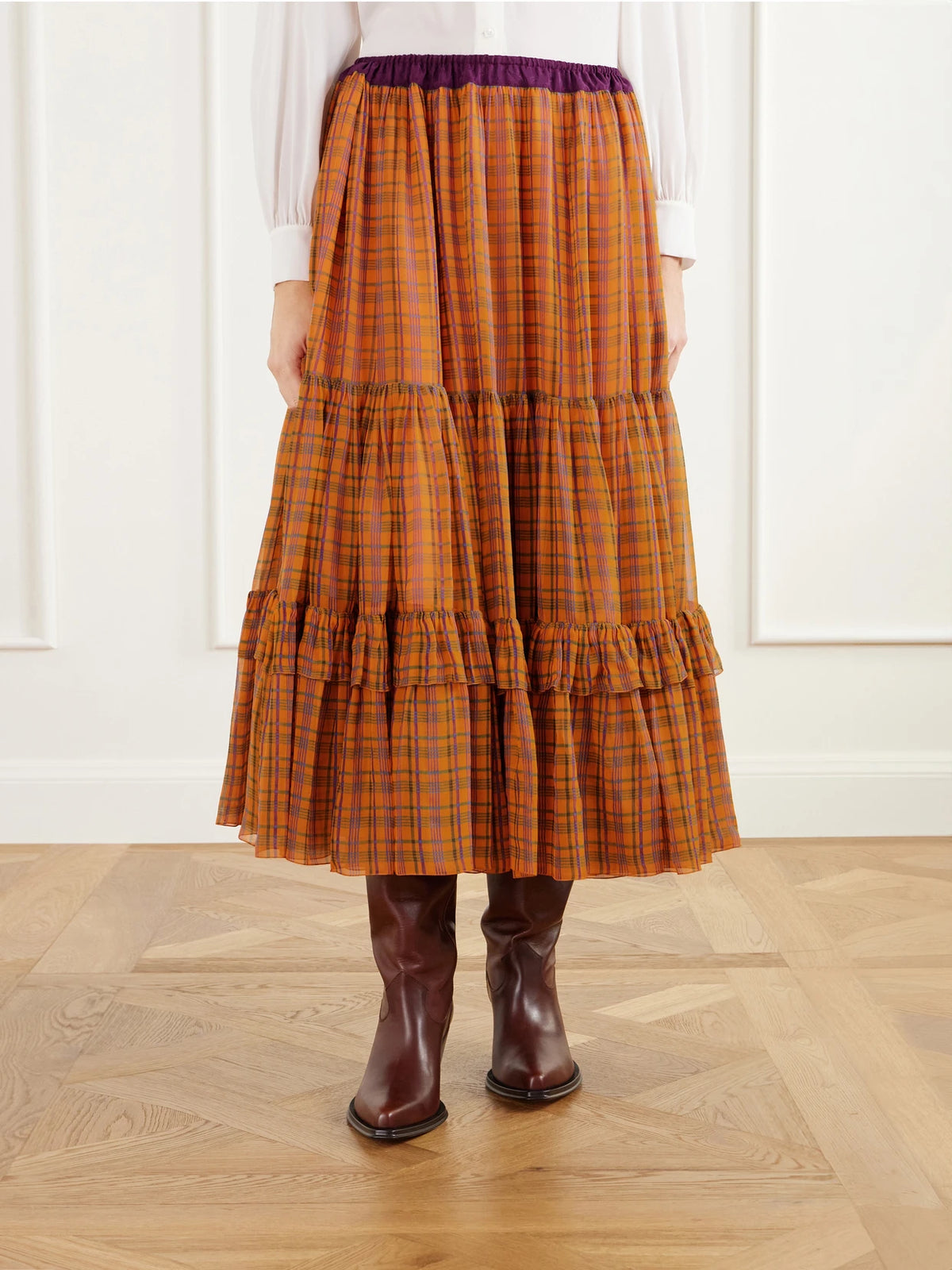 Chloé Ruffled Tiered Checked Silk-mousseline Midi Skirt