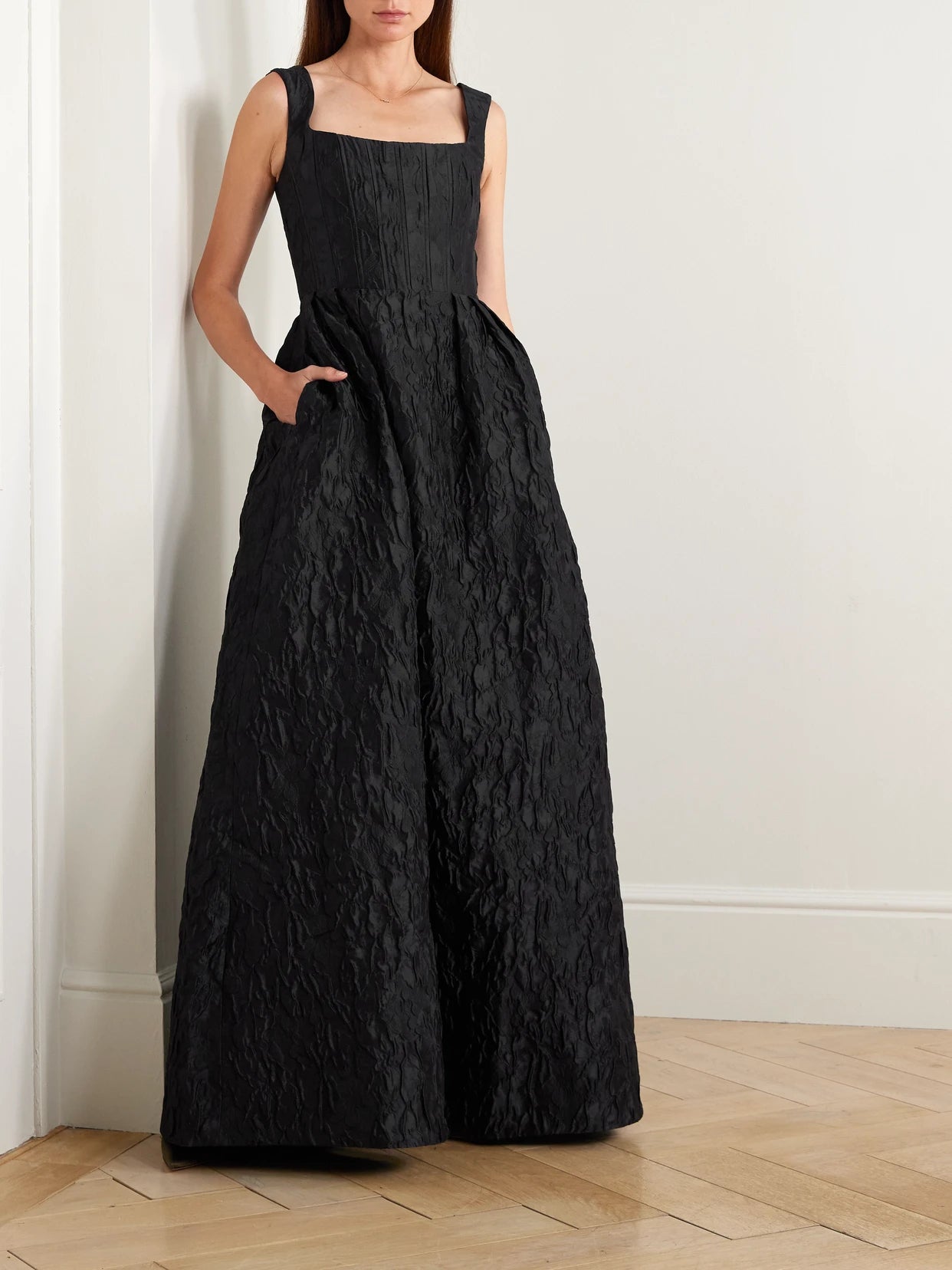 Image of Dresses. Product name - Vanilla Dreams Cloqué Gown in Black colour by brand - Rebecca Vallance