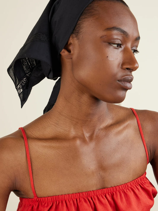 Image of Hats. Product name - + Da Adolfo Sunny Lace-trimmed Cotton Headscarf in Black colour by brand - STAUD