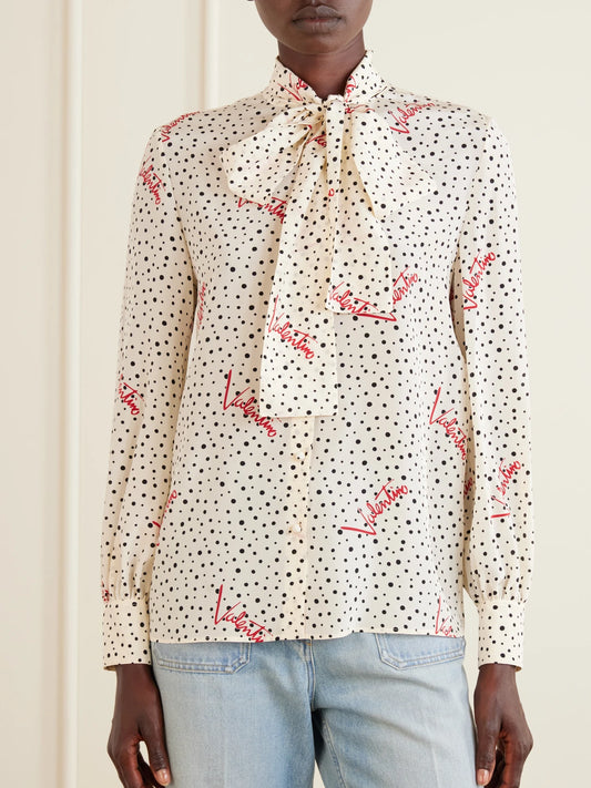Pussy-bow Polka-dot Silk Crepe De Chine Blouse