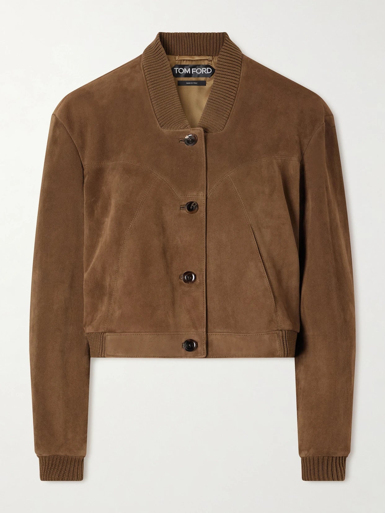 Image of Coats & Jackets. Product name - Cropped Suede Bomber Jacket in Tan colour by brand - TOM FORD