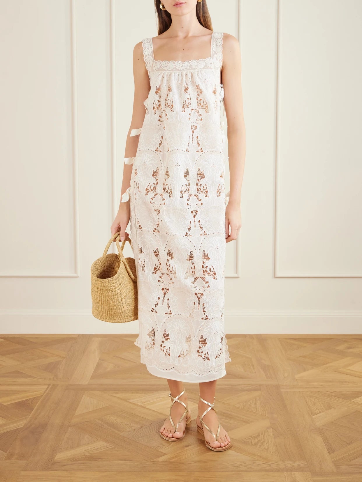 Image of Dresses. Product name - Fiocchini Lace-trimmed Broderie Anglaise Cotton-blend Maxi Dress in White colour by brand - Loretta Caponi