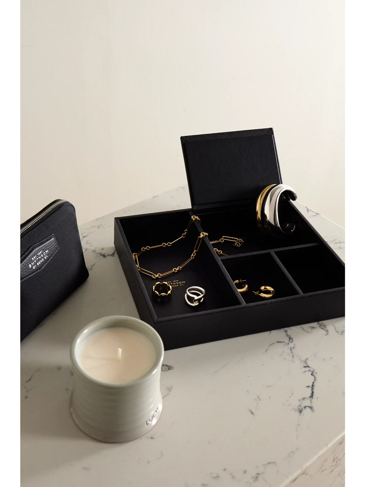 Image of Decor. Product name - Panama Textured-leather Valet Tray in Black colour by brand - Smythson
