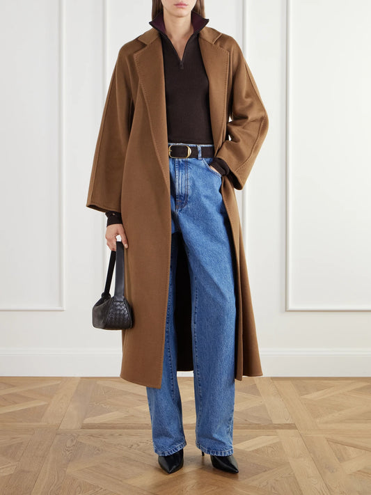 Image of Coats & Jackets. Product name - Trenna Belted Cashmere-flannel Coat in Camel colour by brand - Max Mara