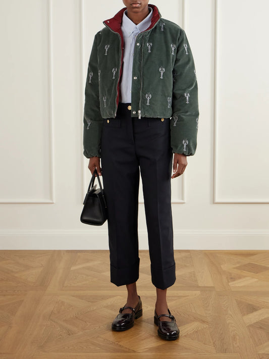 Image of a model wearing Pants. Product name - Virgin Wool-twill Straight-leg Cropped Pants in Navy colour by brand - Thom Browne