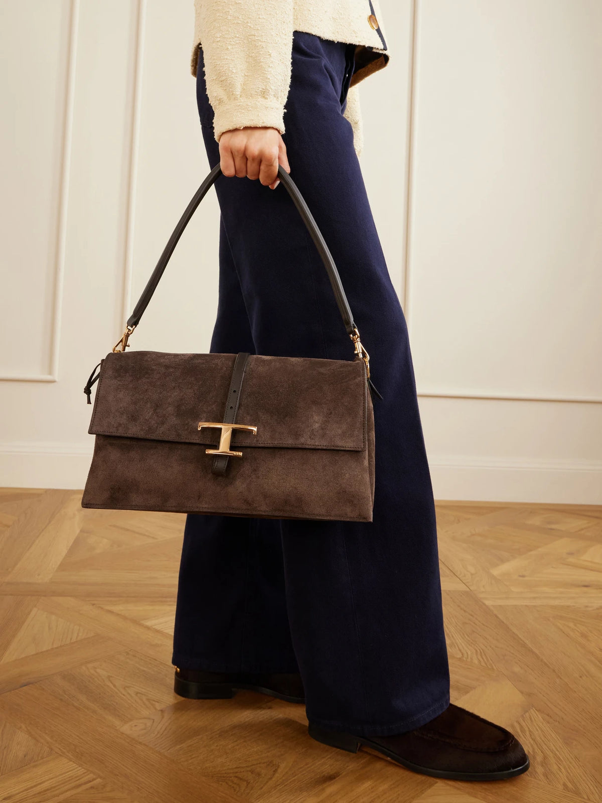 Image of Bags. Product name - Tracollina Mosch Small Leather-trimmed Suede Shoulder Bag in Chocolate colour by brand - Tod's