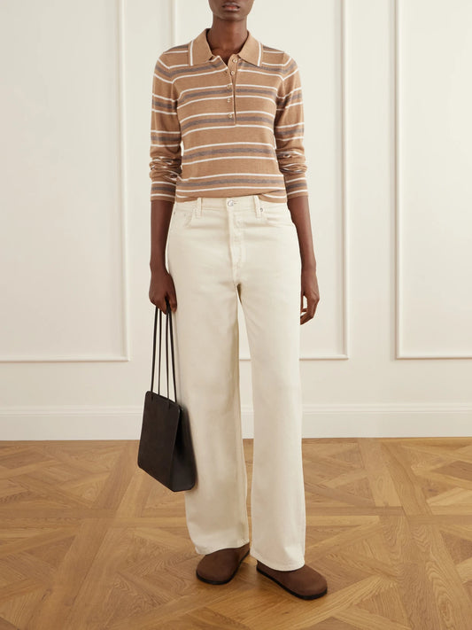 Image of a model wearing Outerwear. Product name - Mayra Striped Knitted Polo Sweater in Camel colour by brand - Varley