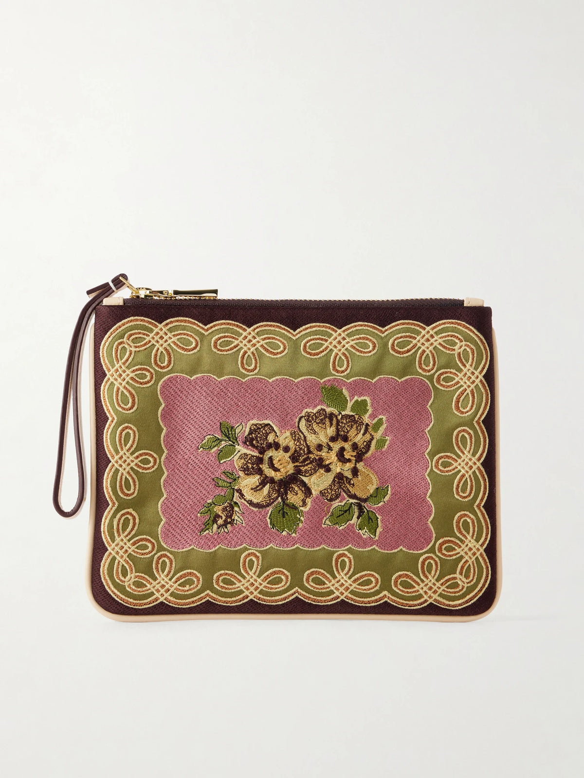 ALÉMAIS Lacey Embroidered Leather-trimmed Satin Clutch