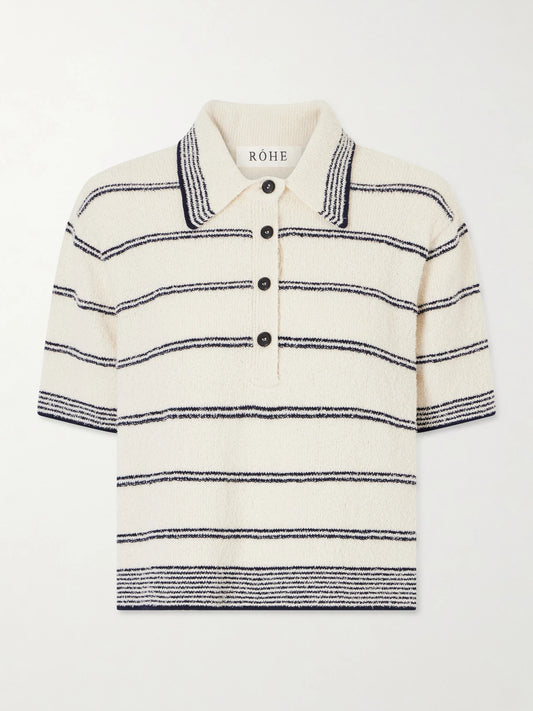 Image of a model wearing Tops. Product name - Striped Cotton-blend Terry Polo Shirt in Multi colour by brand - RÓHE