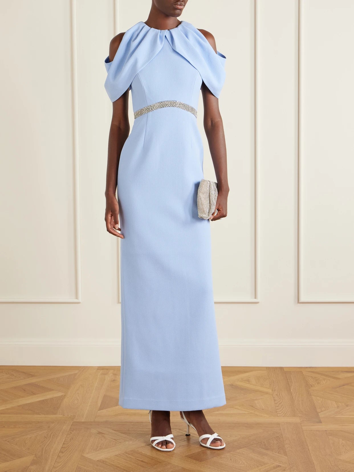 Image of Dresses. Product name - Aylin One-shoulder Embellished Cady Maxi Dress in Light blue colour by brand - Rebecca Vallance