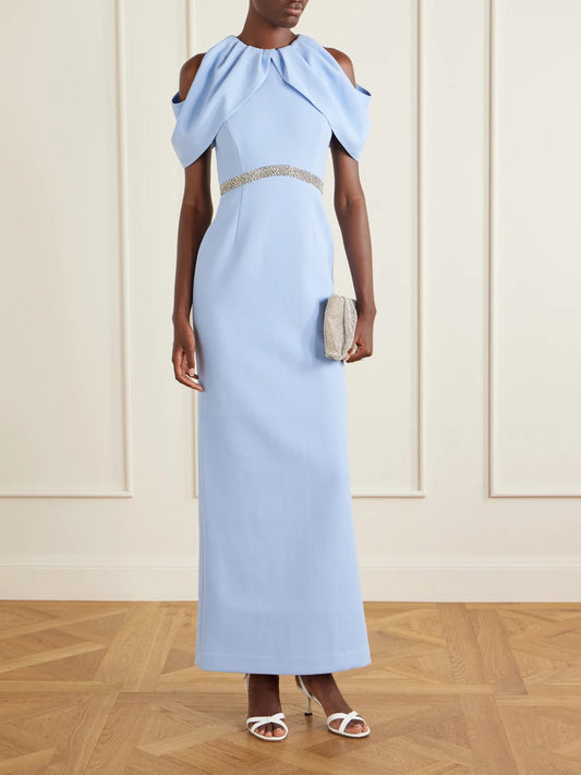 Image of Dresses. Product name - Aylin One-shoulder Embellished Cady Maxi Dress in Light blue colour by brand - Rebecca Vallance