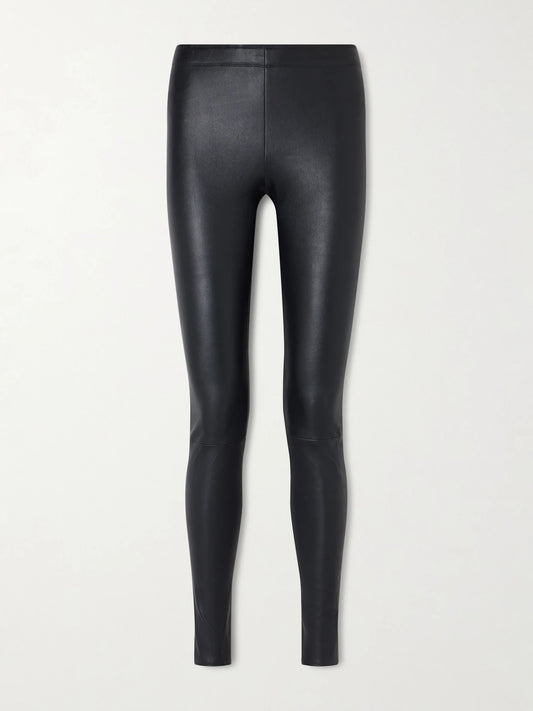 Image of a model wearing Pants. Product name - Carolyn Leather Leggings in Black colour by brand - STOULS